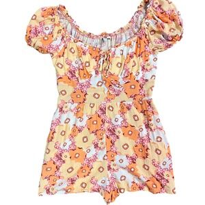 A.U.W Floral Romper Off Shoulder Tie Front Short Sleeve‎ Casual Size S